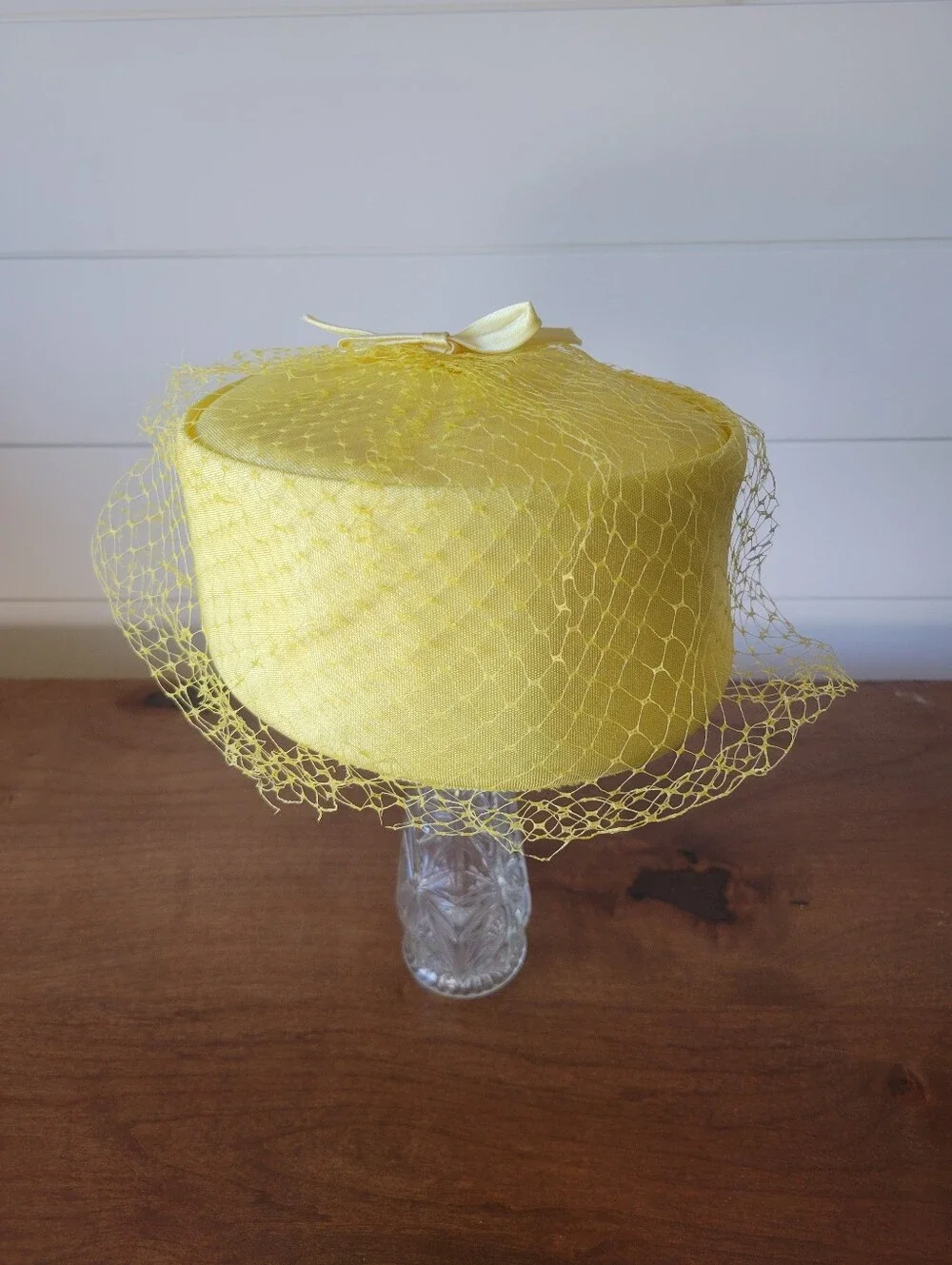 Vintage 1960s Yellow Pillbox Hat with Veil Bow Jackie O Style Mid Century
